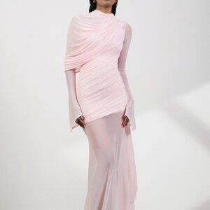Deme by Gabriella Isla Dress in Baby Pink draped long sleeve sheer gown maxi
